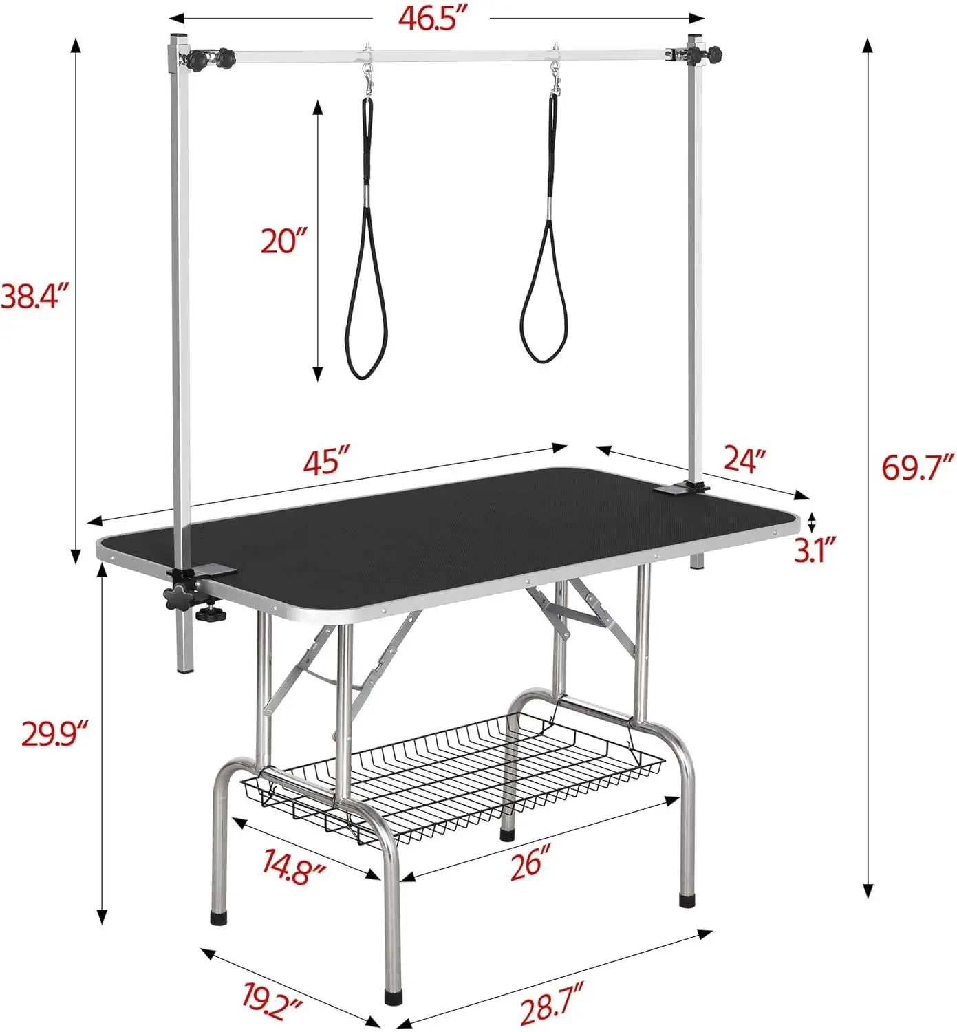 45-inch Large Heavy Duty Pet Dog Grooming Table W/Adjustable Overhead Arm, Clamps, Two Grooming Noose, Tray