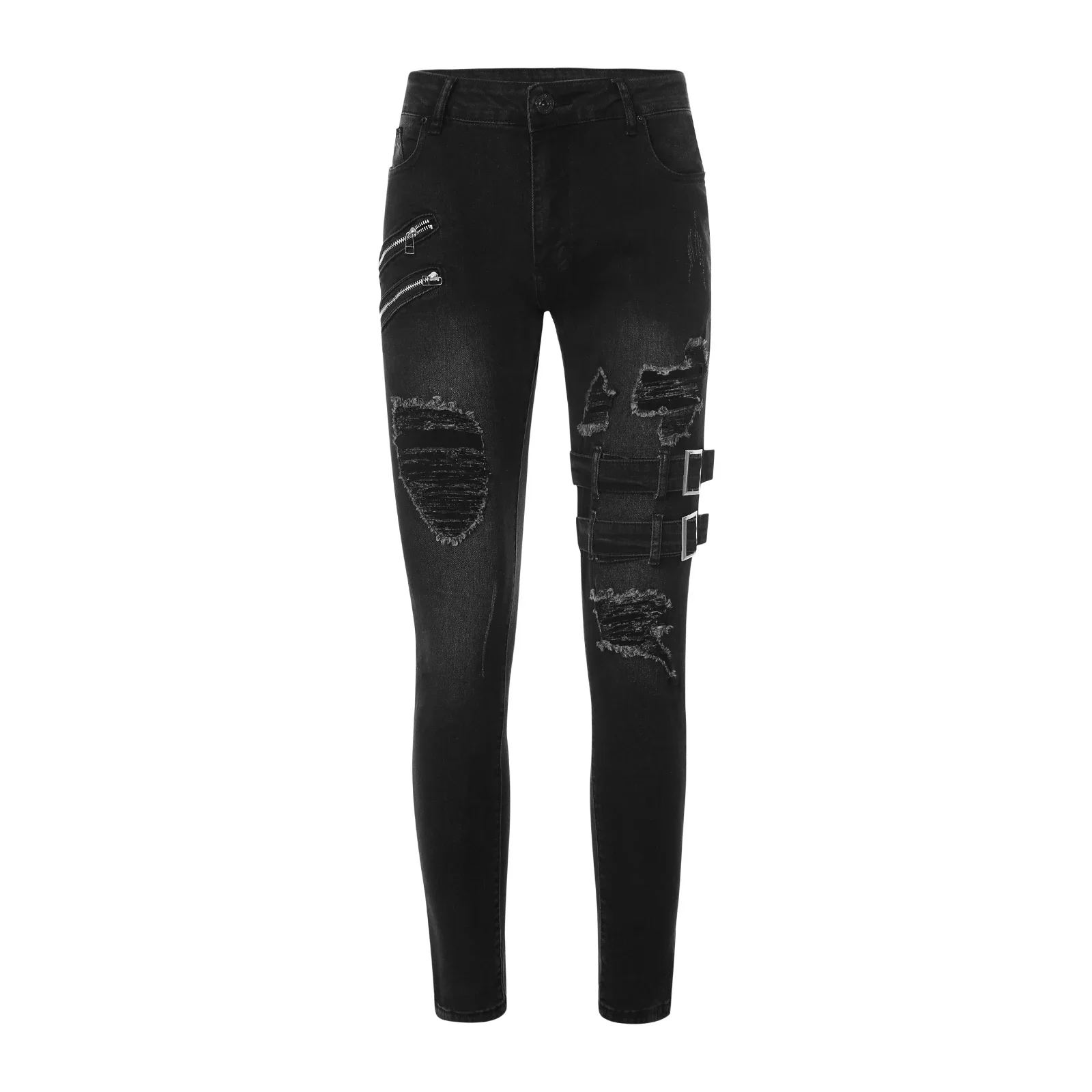 Jeans droits en denim pour hommes, pantalons skinny punk, streetwear boyfriend, coupe slim avec fermeture éclair, noir, printemps, été