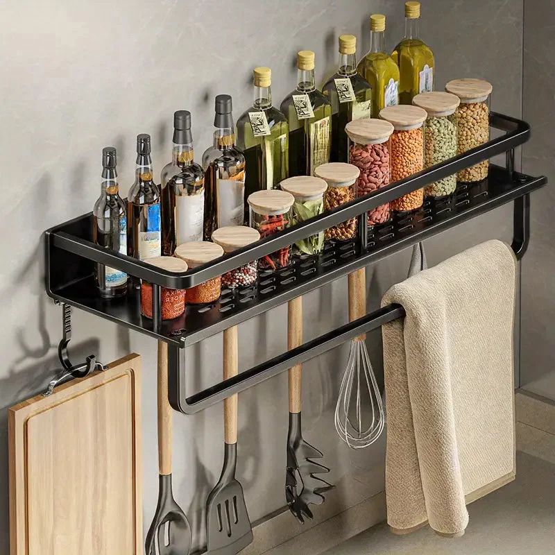 Multifunctional Kitchen Storage Rack Seasoning Storage Rack Wall-Mounted Kitchen Supplies Spatula Hook Rag Rod