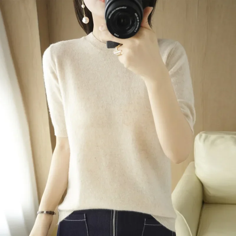 2024 Women Sweaters Spring Summer Short Sleeve Knit Pullovers O-neck Slim Fit Sweater Bottoming Shirts Korean Fashion Knitwear