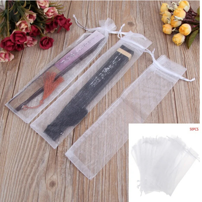 50 Uds. Bolsas de Organza con cordón, bolsas con cordón de Organza, bolsa para ventilador de mano, bolsa de Organza, bolsa para abanico de mano con cordón