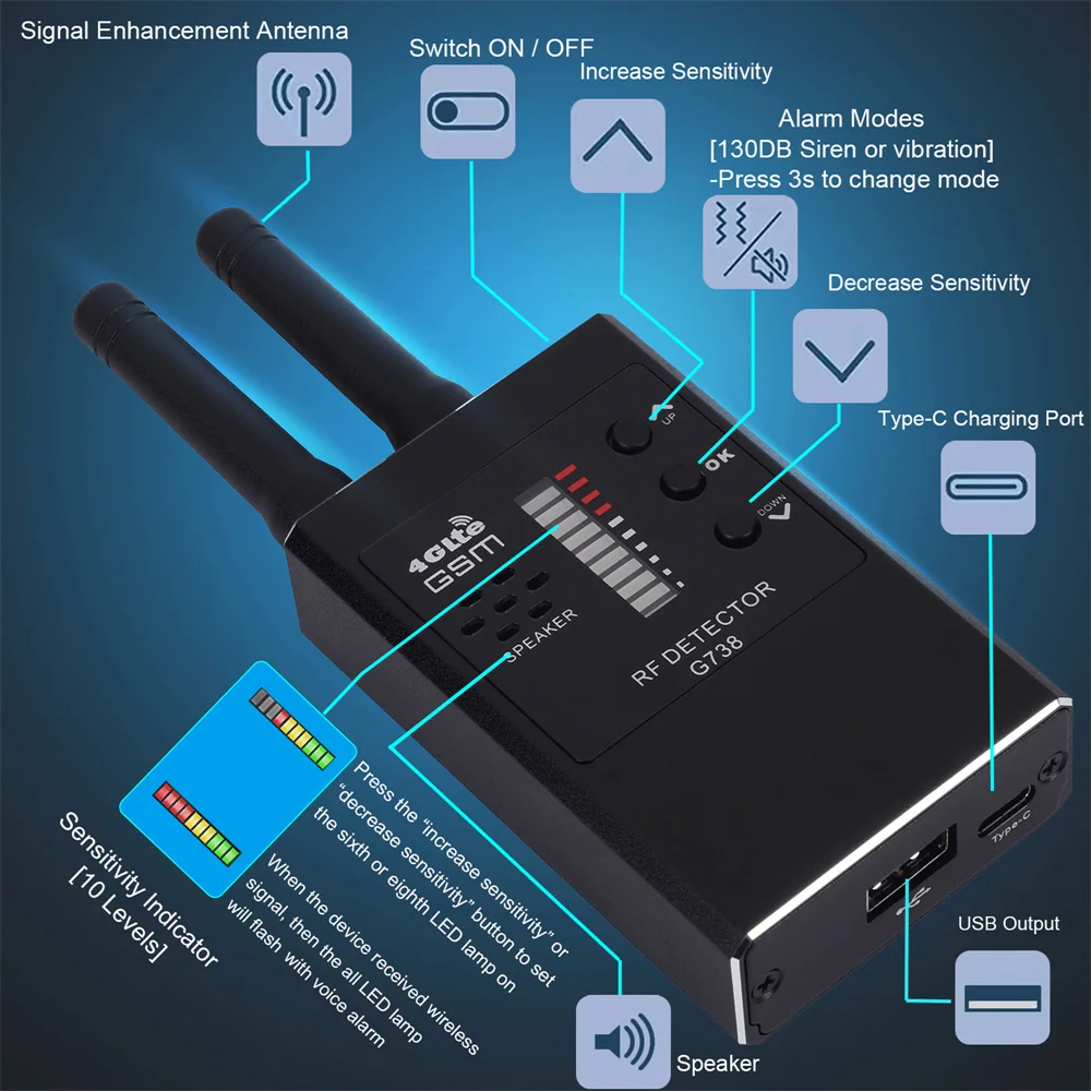 Imagem -05 - Anti Spy Wireless rf Signal Detector Dispositivo de Espionagem Profissional Câmera Escondida Finder Gps Tracker Gsm Bug Tracker G738