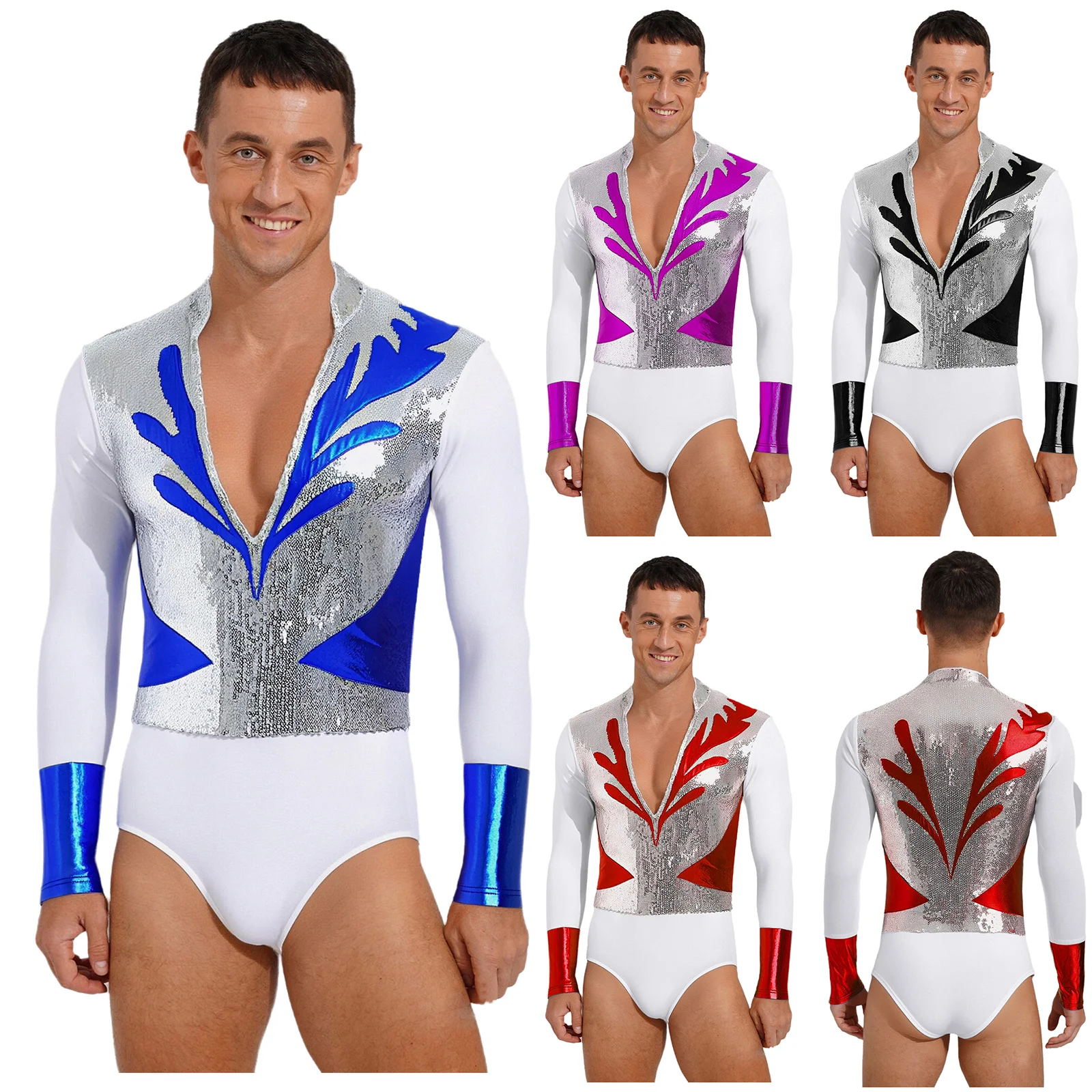 

Professional Grade Mens Figure Skating Bodysuit with Metallic Sequin Patchwork And V Neck Design for Ballet Dance Performance