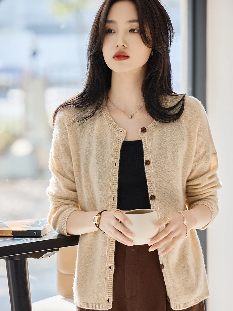 

Шикарный женский повседневный свободный кардиган, свитер с круглым вырезом, осень-зима, трикотаж из 100% мериносовой шерсти, теплая мягкая модная одежда в стиле ретро, топы