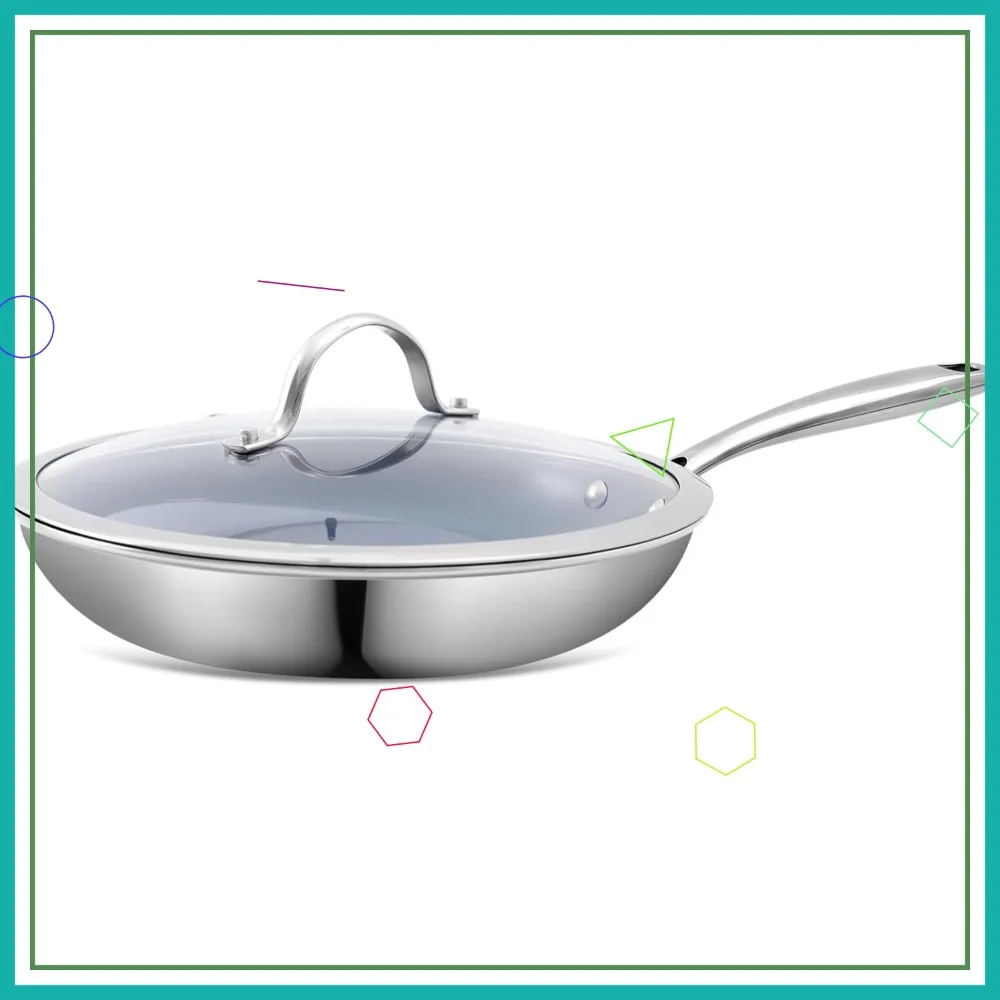 

10 Inch Stainless Steel Non Stick Frying Pan with Lid, Ceramic Coating, Induction Compatible, Dishwasher & Oven Safe