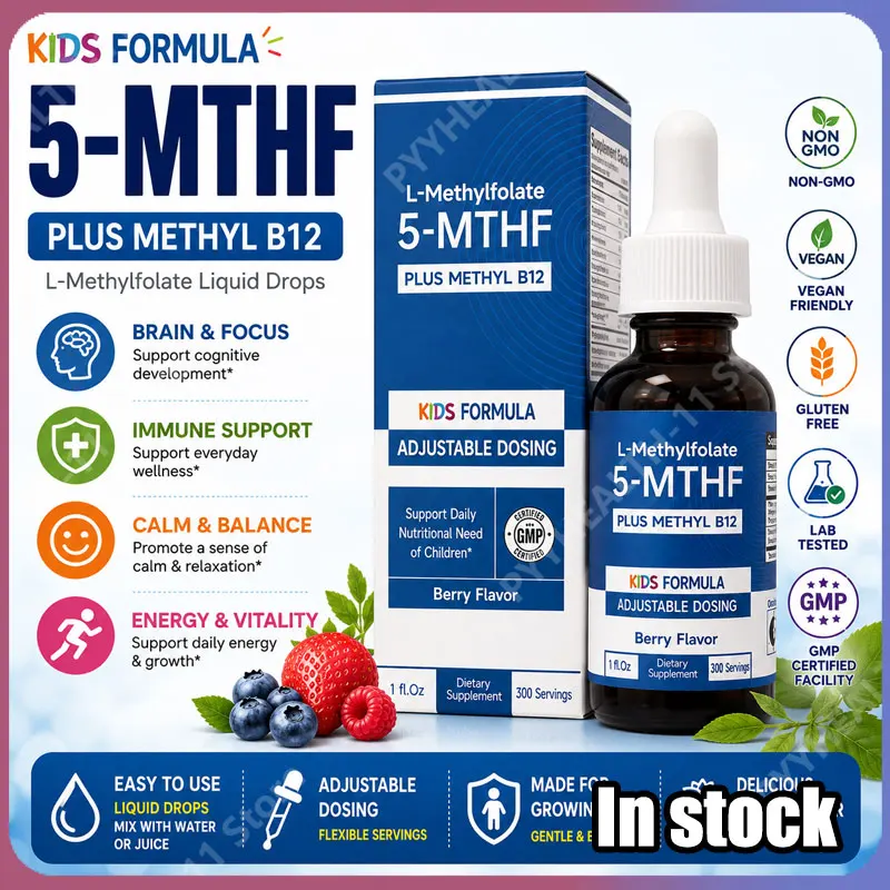L-Metilfolato 5-MTHF Metil B12 en Gotas para Niños, Suplemento Líquido de Folato con Sabor a Bayas Orgánicas para Niños Veganos, 1 Fl Oz 30 ML