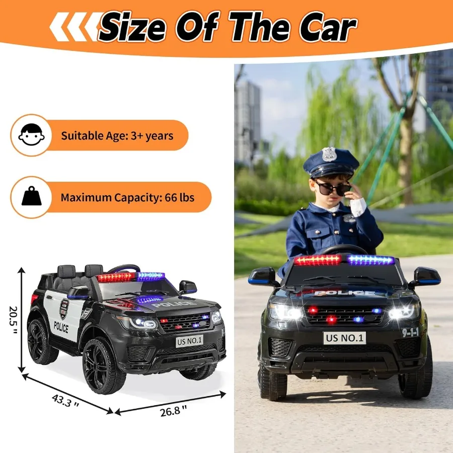 Giro in auto della polizia sull'auto elettrica per bambini per guidare i giocattoli da corsa alimentati a batteria con telecomando, sirena, illuminazione lampeggiante