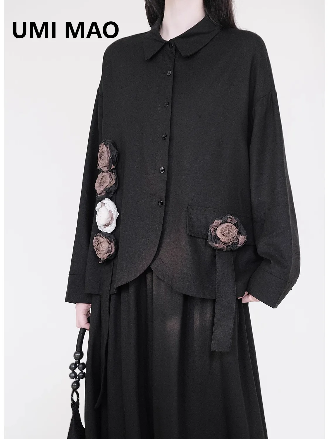 

UMI MAO Yamamoto Dark Top Tie-Dye Rose Shirt Heavy Craft Three-Dimensional Flower Blouse Loose High-End Feel Top Femme