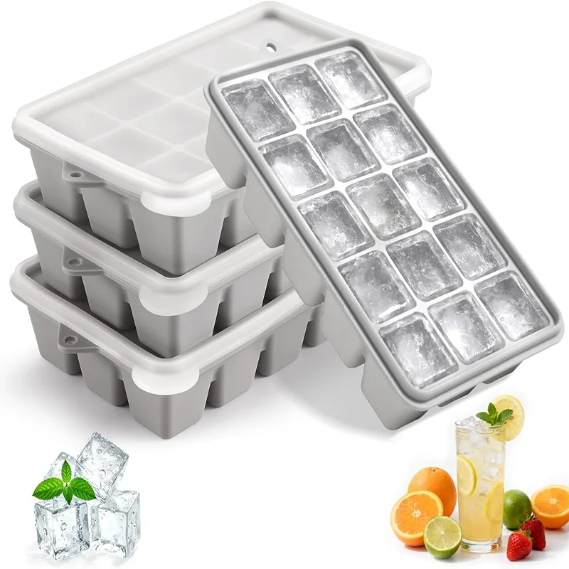 Silicone ice cube tray with lid, easy to release ice mold, reusable and stackable, for cocktails, whiskey, bisphenol A-free