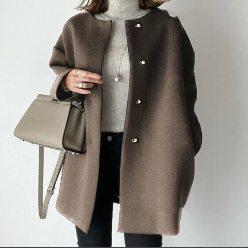 women woolen coat 2026 High-quality loose straight coat autumn winter simple elegant solid color woolen coat women's clothing