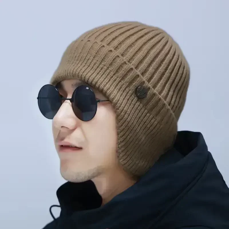 Nueva moda para hombre, gorro tejido cálido de lana, gorro con protección para los oídos, gorros, gorros de esquí gruesos de terciopelo de doble