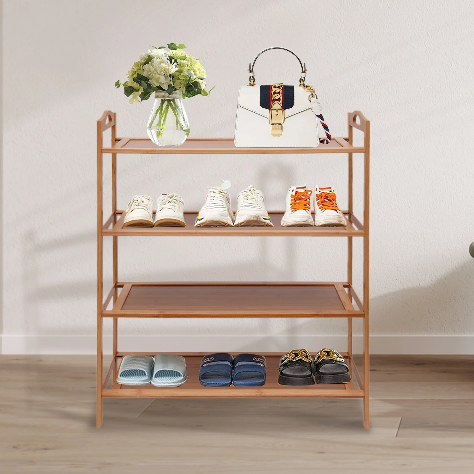 4-Tier Shoe Rack Natural Bamboo Shoe Storage Rack Free Standing Open Shoe Organizer for Entryway Hallway Porch Closet 60*25*67cm