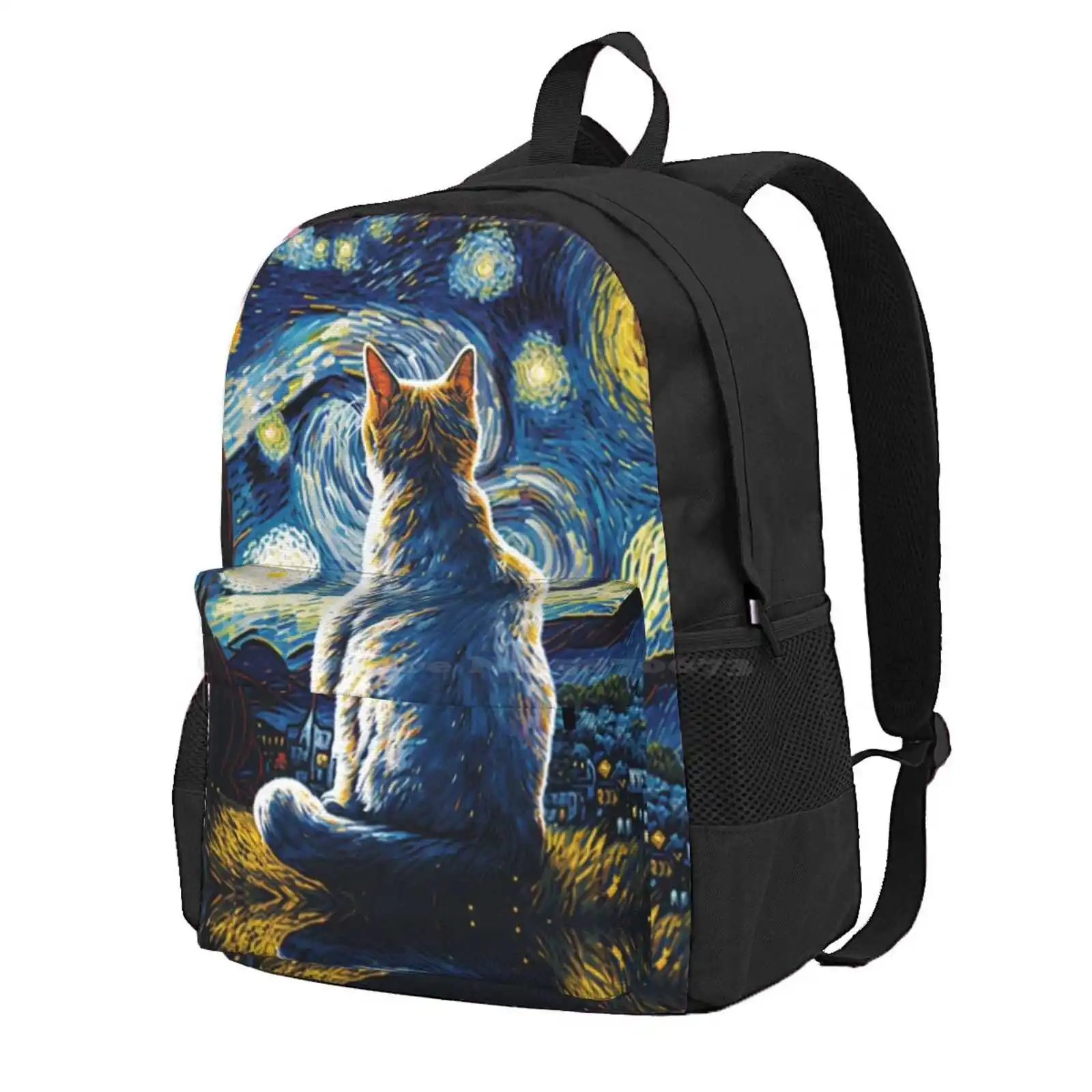 Gray Cat Starry Night Moon And Stars Van Gogh Style Hot Sale Schoolbag Backpack Fashion Bags Catsand Van Gogh Starry Night