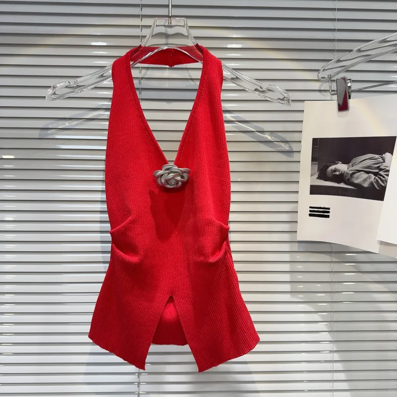 

BORVEMAYS Knitting Pearl Collar Tank Tops Sexy Sleeveless Solid Color Backless 3D Flower Decorate Summer Casual Vest WZ8748