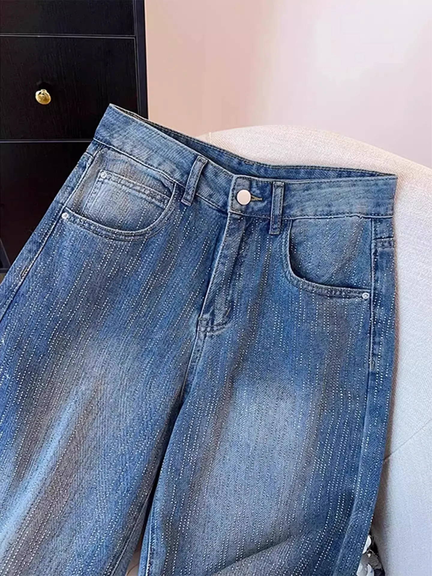 Fashion Shiny Rhinestone Denim Pants Women's Spring Autumn New High Waist Wide Leg Jeans Korean Style Casual Vintage Trousers