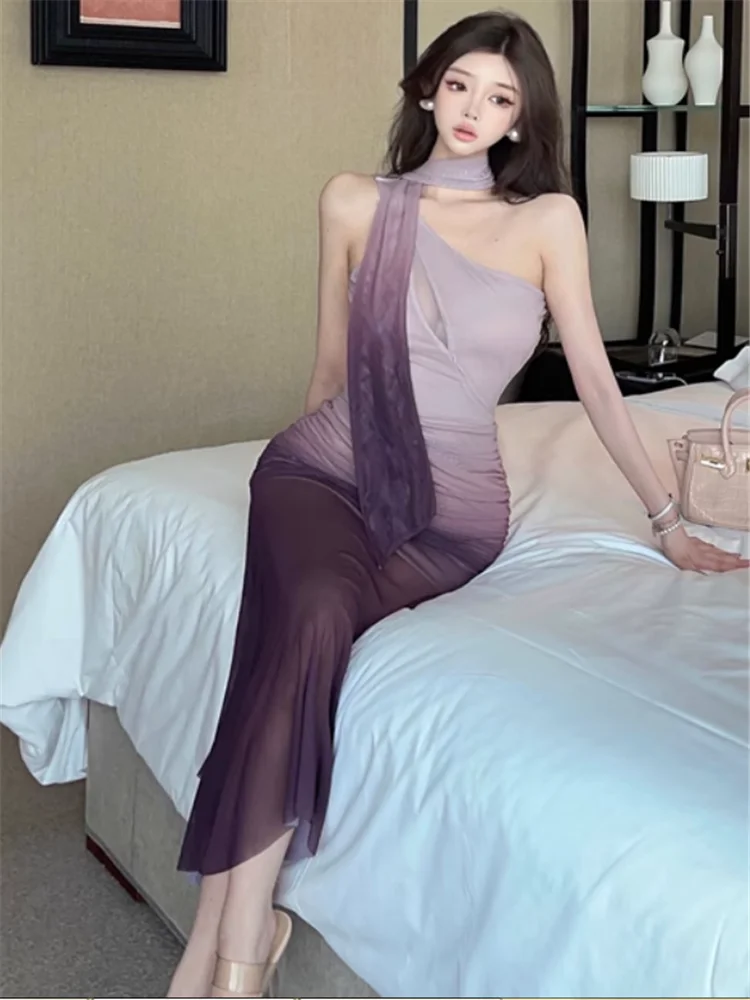 夏オンショルダーストラップレスメッシュシアーロングパーティードレススパイシーガールファッションホリデー不規則なホルターボディコンミディドレスローブ