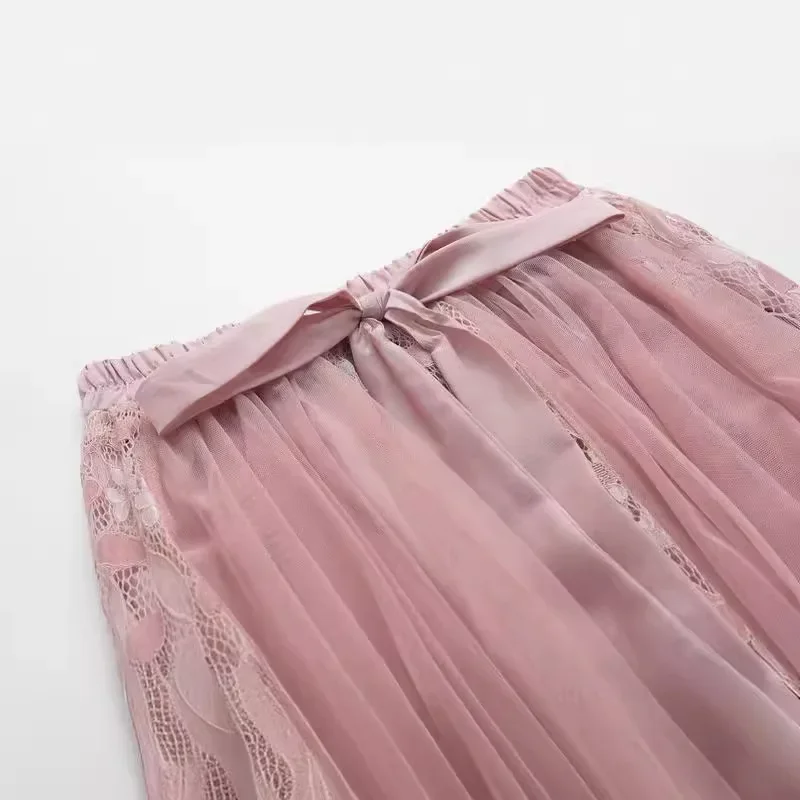 2025 nova primavera verão gravata borboleta cintura alta renda emenda malha midi saias longas feminino doce elegante saia plissada