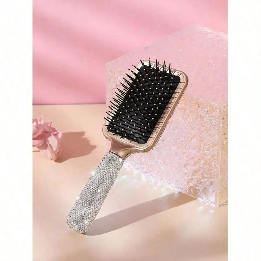 Rhinestone‑Encrusted Cushion Paddle Hair Brush, Long‑Handle Scalp‑Massage Detangling Hairbrush, Portable Travel‑Friendly Daily Hair‑Styling Tool, Holiday Gift Option for Women & Girls