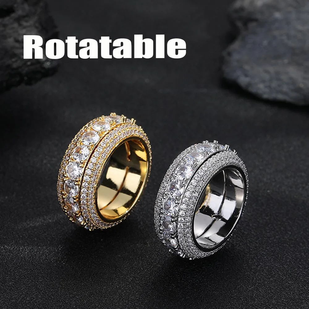 Luxury Sparkling Rotatable Ring 18K Real Gold Platinum Rotating Hip Hop Rings Men Women Fine Jewelry Gifts for Rapper Boy Friend