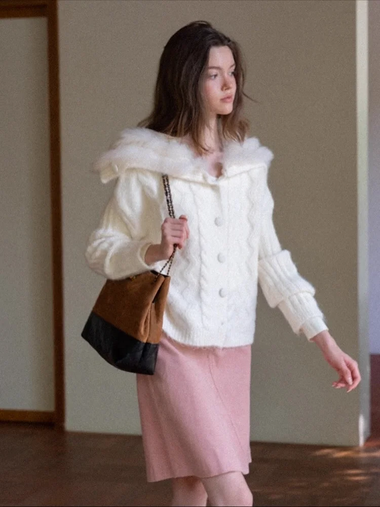 

Women Chic White Fur Patchwork Cardigan Fashion Solid Long Sleeve Single Breasted Thread Loose Sweater 2026 Lady Street Knitwear
