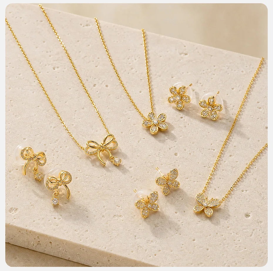 Vnox Luxuriöses, elegantes Zirkon-Schmetterlings-Blumen-Ohrring-Halsketten-Set für Frauen, trendiges, süßes Schmuckset mit Schleifenknoten, Braut-Hochzeitsgeschenk – Detail 9