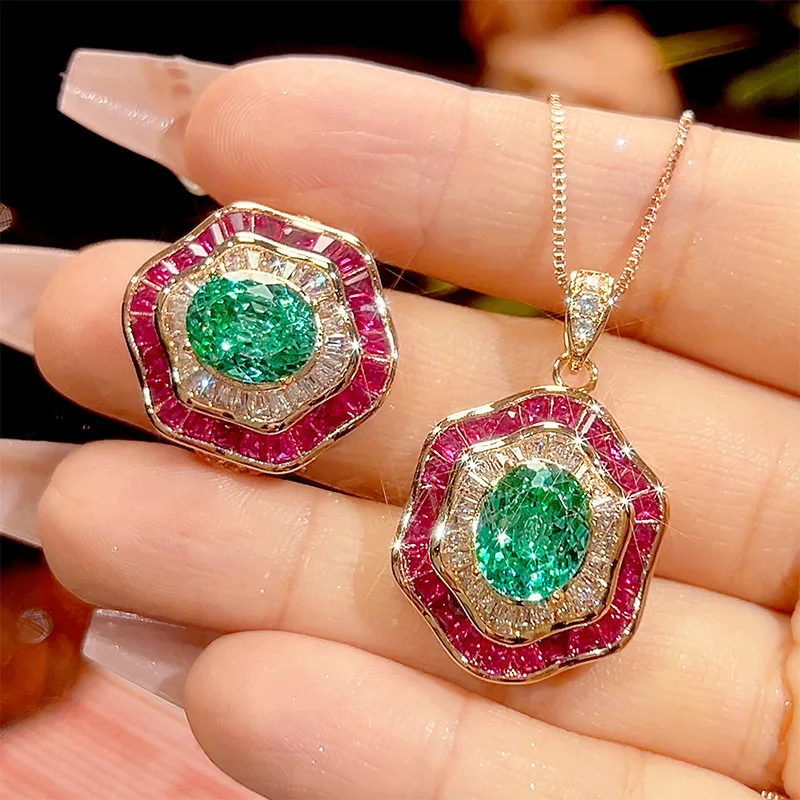 

New autumn and winter jewelry set in Para green egg shape with rose gold texture, main stone size 6*8