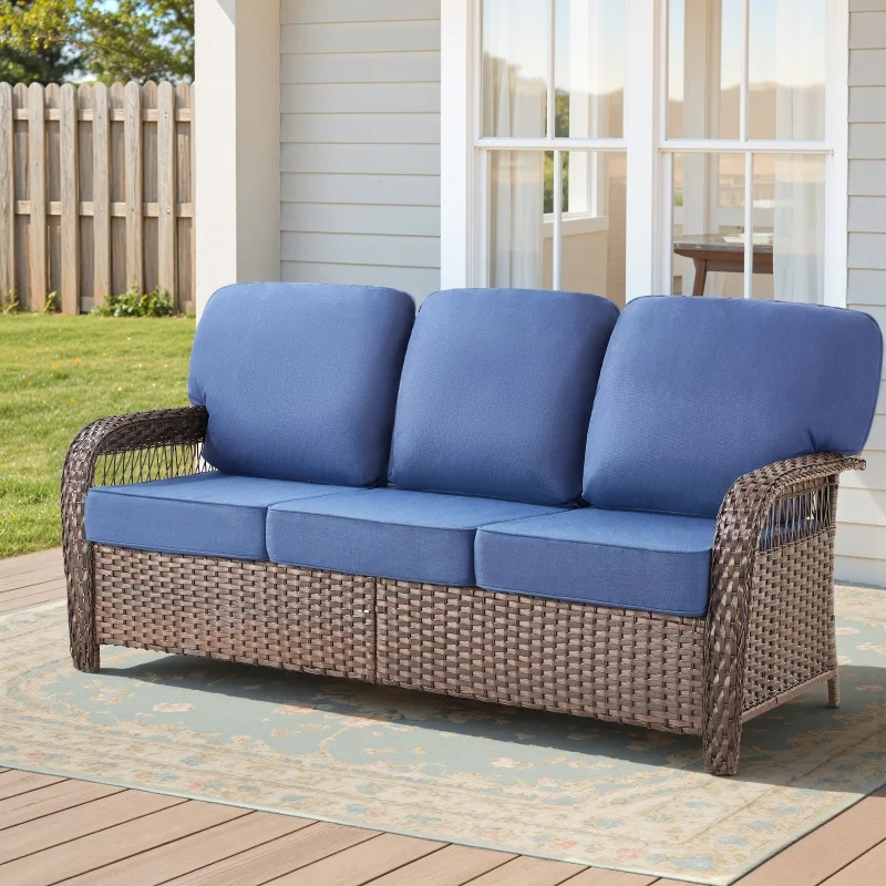 Outdoor 3-Seat Wicker Terrace T-Back Cushion with 5 Thick Foam, All Weather PE Rattan