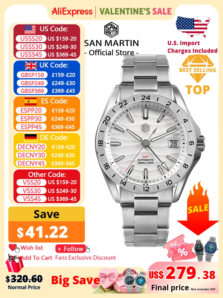산 마틴 새로운 39mm 사막 질감 럭셔리 남성 비즈니스 드레스 GMT 시계 NH34 자동 기계식 방수 100m 빛나는 SN0...
