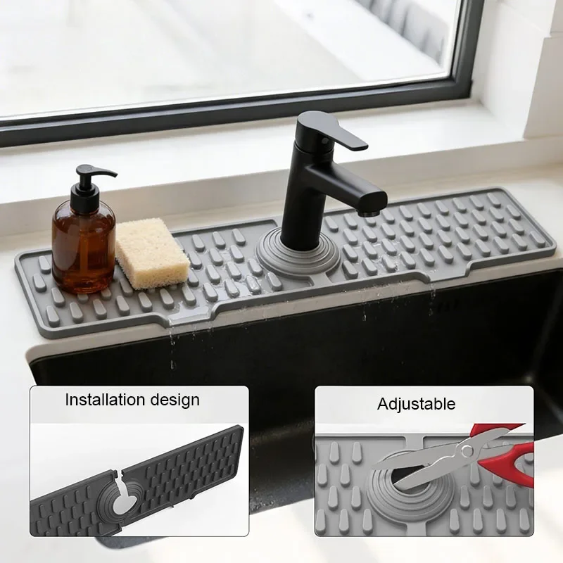Silicone Faucet Mat Splash Guard Kitchen Sink Drain Pad Countertop Protector Non-Slip Water Cather Tray Darin Pad for Bathroom