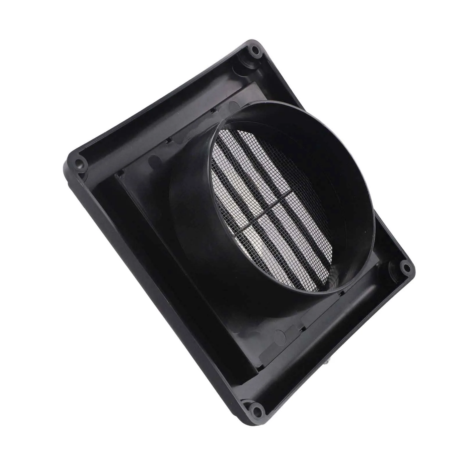 

Plastic vent with mesh screen for indoor air exhaust designed to promote airflow and prevent debris and animal entry into vents