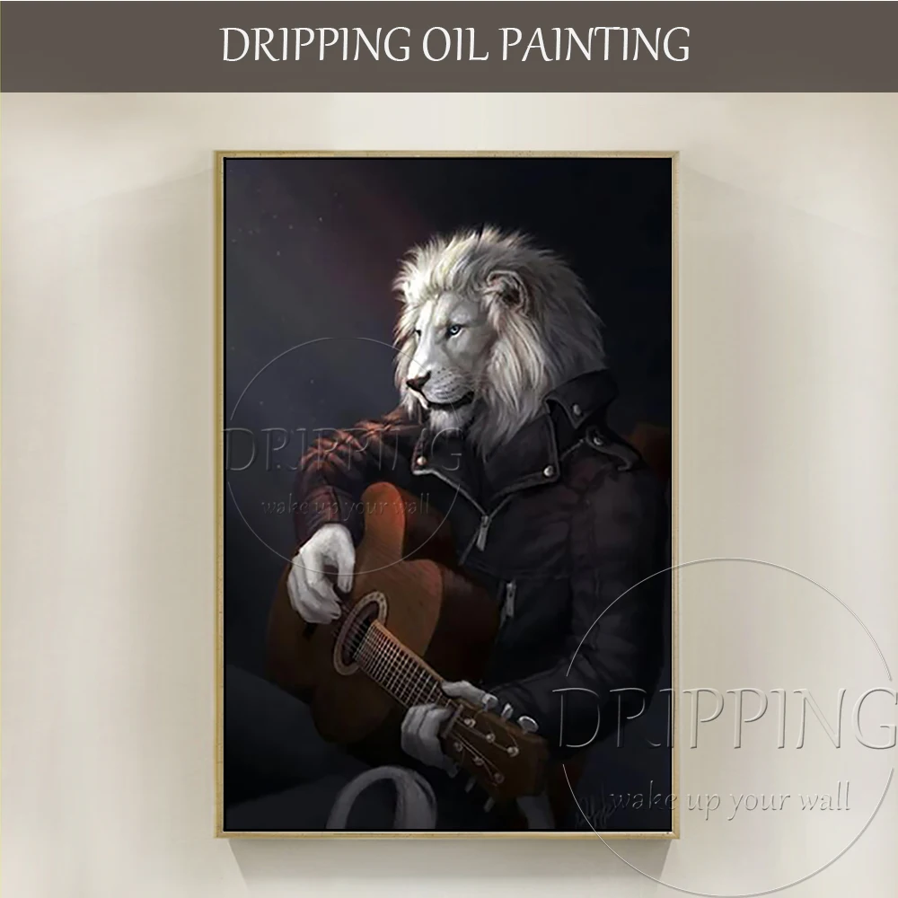 

Excellent Artist Handmade Animal Oil Painting on Canvas Funny Design Musician Lion Oil Painting by Hand-painted on Linen Canvas