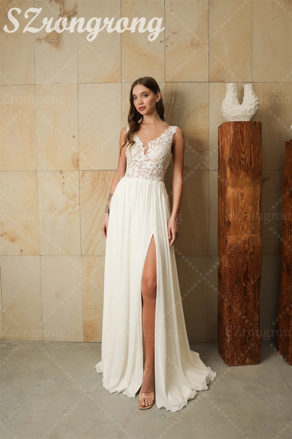 

Bohemaid V-neck Chiffon Draped Wedding Dress Lace Side Slit Backless Floor Length A-line Bridal Dress with Train Custom Made