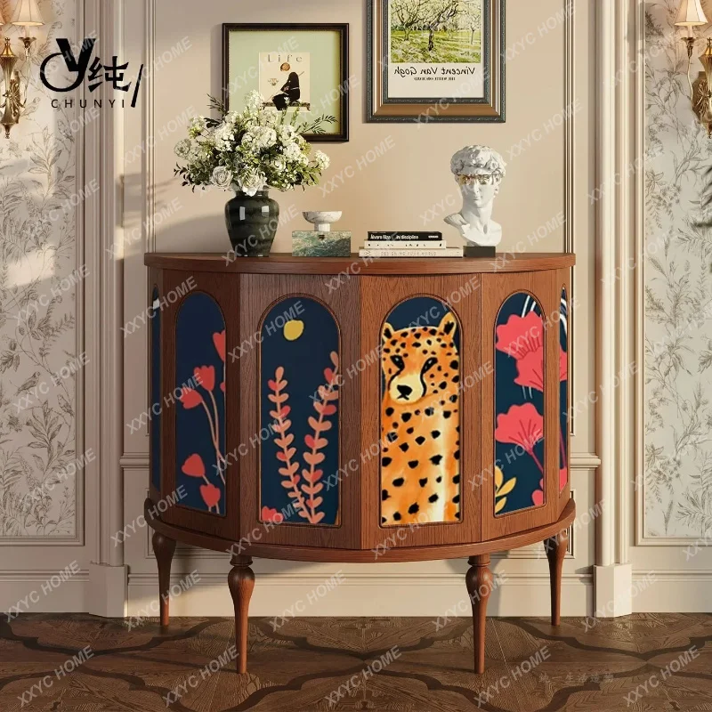 A  Vintage Style Solid Wood Entryway Cabinet French Half-Round Side Cabinet Living Room Wall-Mounted Storage Decorative Cabinet