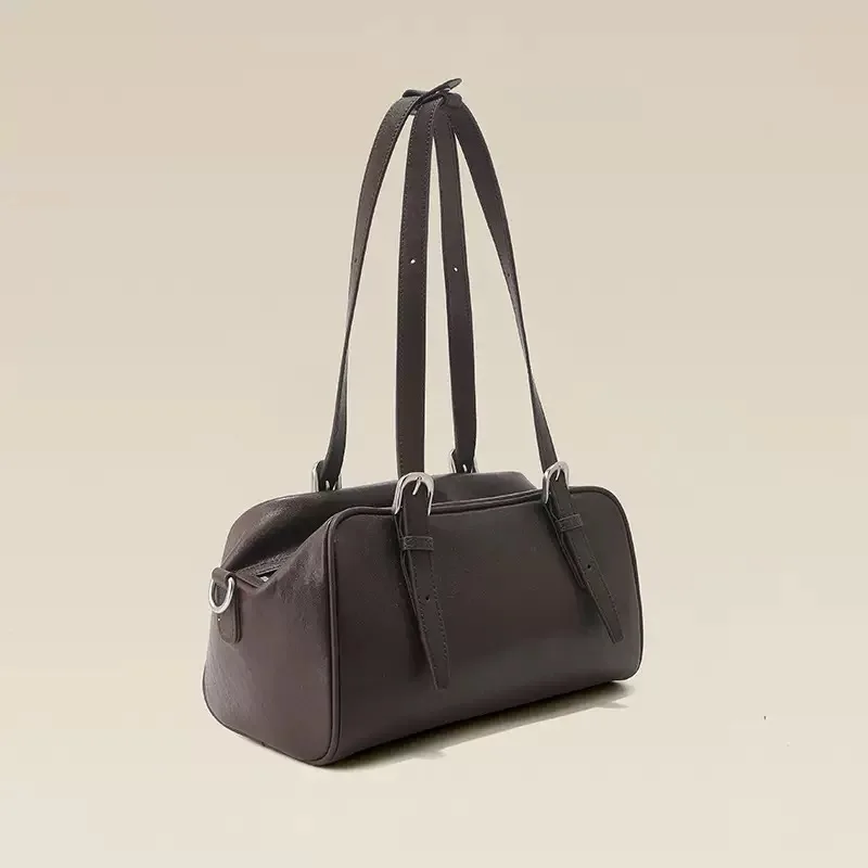 CLAREGQI Soft Cowhide Boston Bag Multifunctional Shoulder Crossbody Handbag Minimalist Large Capacity All Match Leather