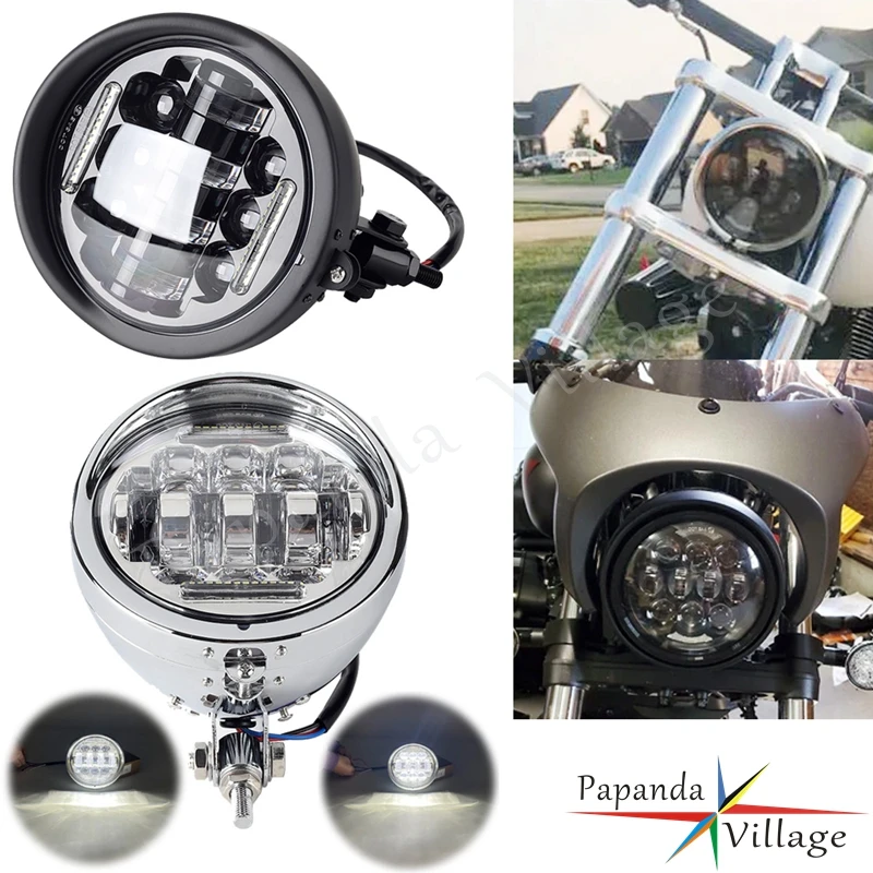 

Black/Chrome Motorcycle 5.75" Round LED High Low Beam Headlight White DRL For Harley Sporster Softail Dyna Chopper Cafe Racer