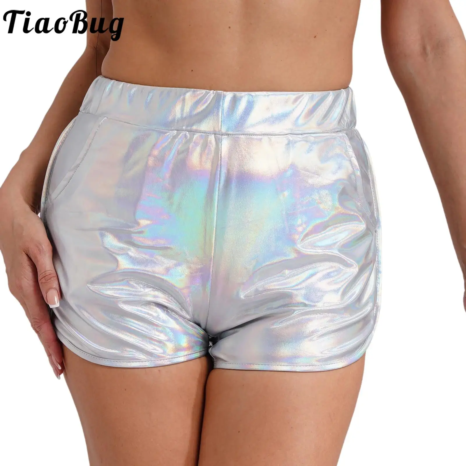 

Womens Metallic Shiny Booty Shorts Elastic High Waist Side Pockets Raves Dance Shorts Hot Pants Club Disco Fitness Yoga Shorts