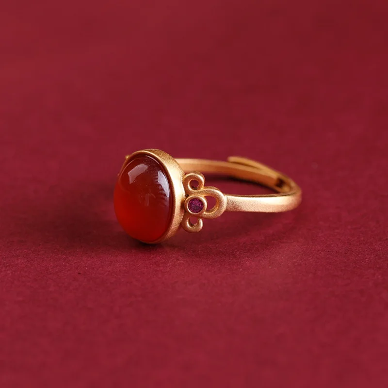 Creative Design Ancient gold crafts Inlaid Natural Red carnelian oval New in rings for women Simple Opening Retro Jewelry