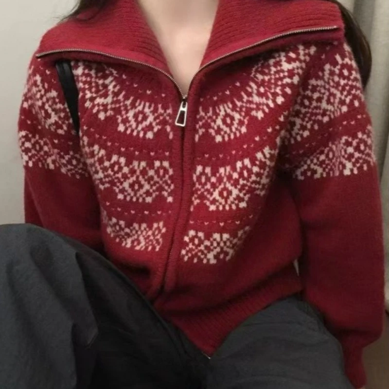 캐주얼 루즈 자카드 지퍼 니트 가디건 가을 겨울 신상 크리스마스 레트로 스타일 스웨터 의류 상의
