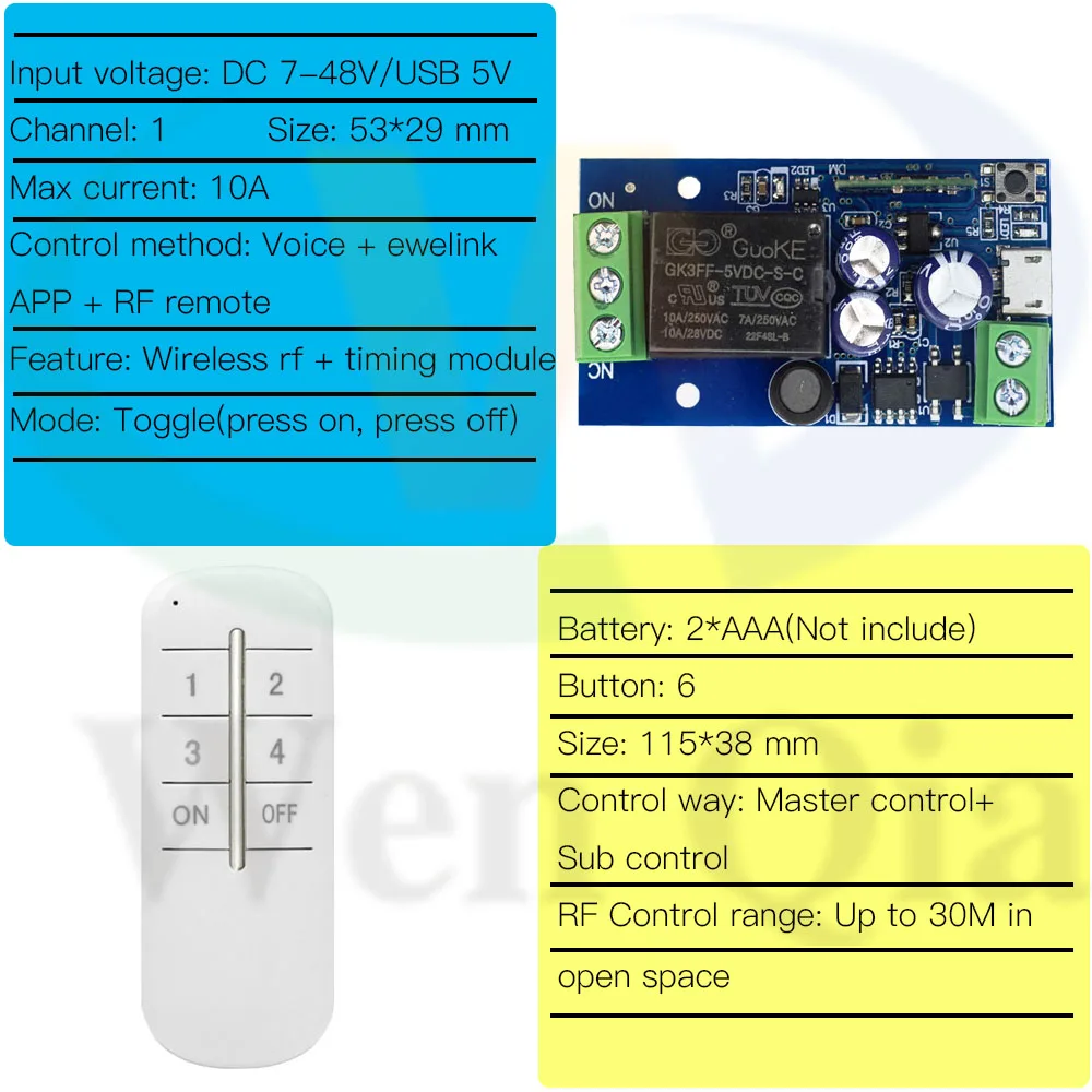 Wenqia สวิตช์สมาร์ทโฮม WIFI 2.4GHz DC 12V 24V รีเลย์ติดต่อแห้งโมดูลควบคุมเวลาระยะไกล Alexa Google Home สนับสนุน