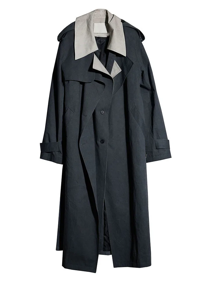 [Vibe] Women Gray Color-block Big Size Long Trench New Lapel Long Sleeve Windbreaker Fashion Tide Spring Autumn 2025