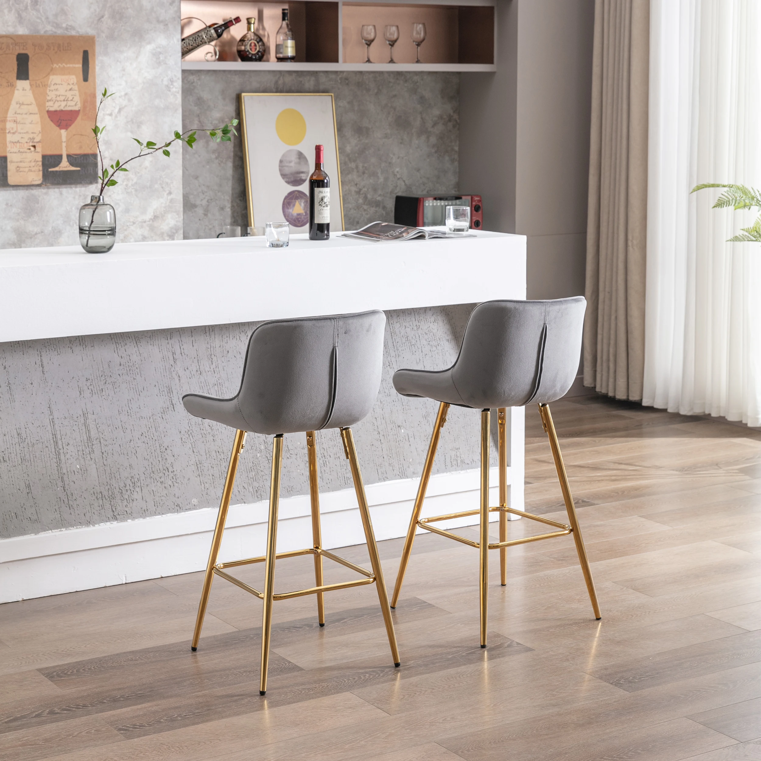 # Set Of 2 Adjustable Velvet Fabric Bar Stools With Chrome Footrest Golden Legs Modern Design For Dining/Living Room Use