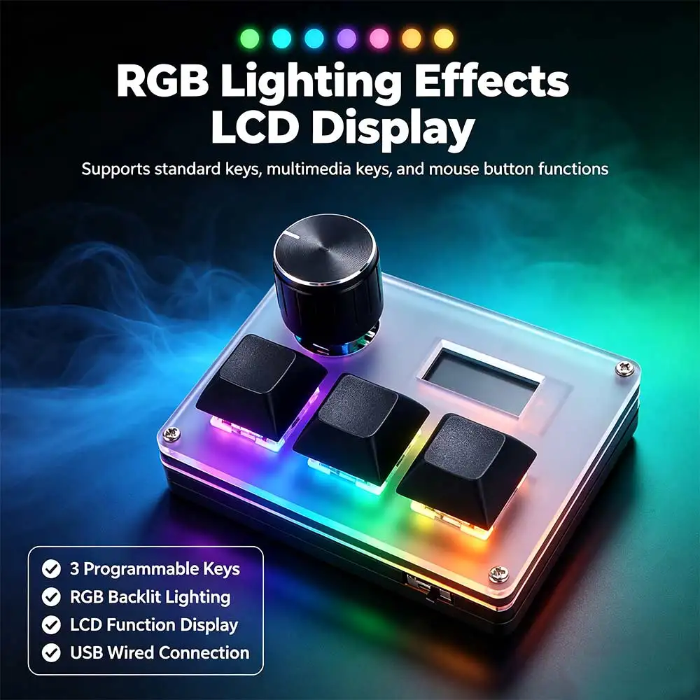 RGB Backlit Mini 3 Key Keypad Color Screen with Multifunction Knob Hot Swap Keyboard DIY Customized Program Compact