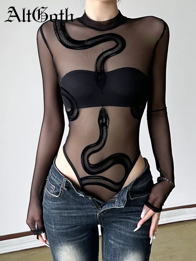 AltGoth Sexy Gothic Bodysuit Women Vintage Streetwear Flocking Snake Print Long Sleeve See Through Jumpsuit Y2k Emo Alt Clothes