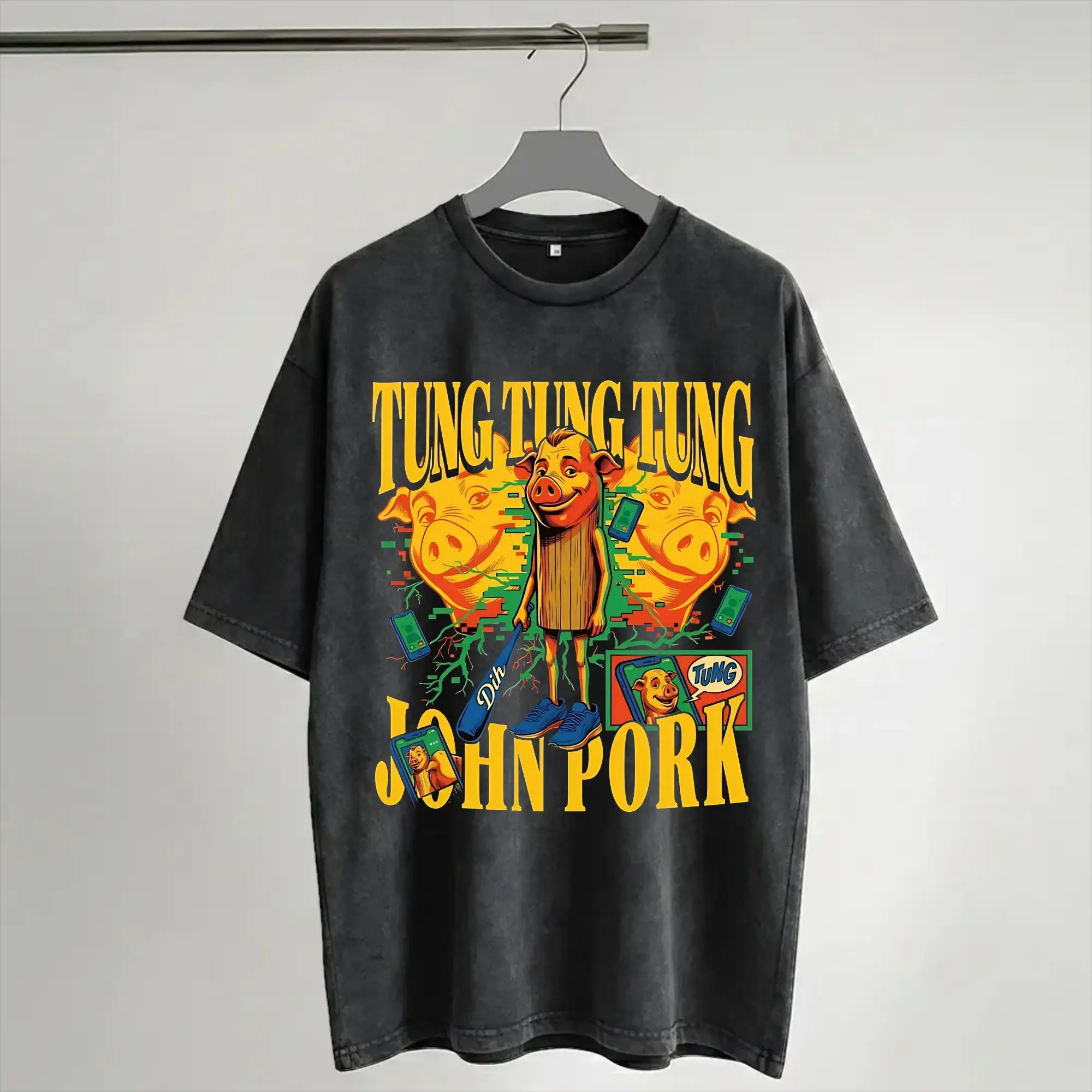 Tung Tung Tung John Pork is Calling Brainrot Gen Z Meme  Washed T Shirts Streetwear Hip Hop Novelty T-Shirt  Tees for Men Women