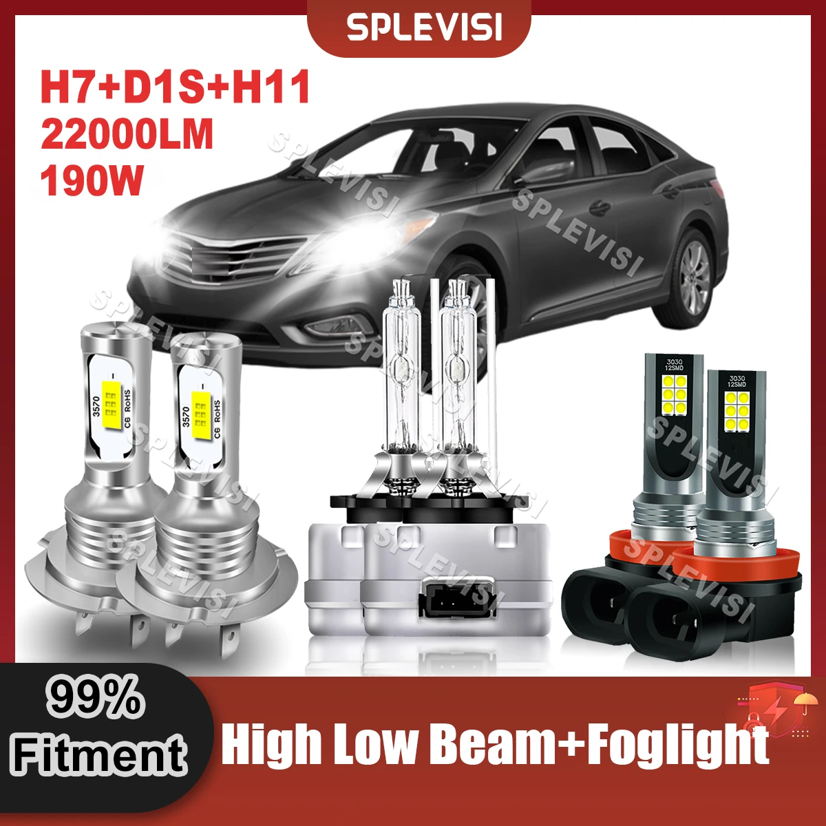 

6000K Xenon White LED Headlight Combo High Beam Low Beam Foglamp For Hyundai Azera 2013 2014 2015 2016 2017 Auto Lamp