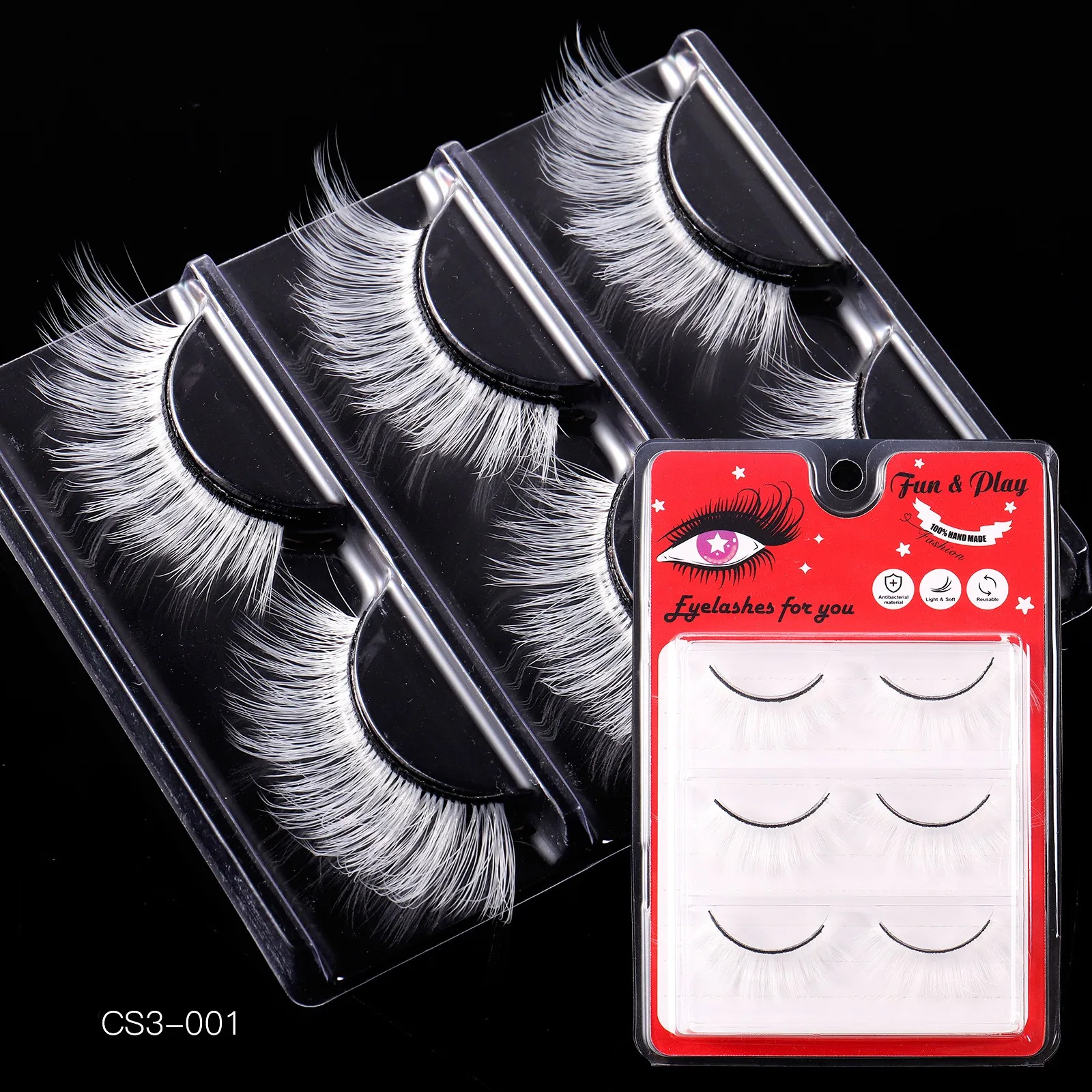 New white 3 pairs of false eyelashes, vacation style, stage makeup, cosplay, party, natural, lightweight, ultra light, reusable