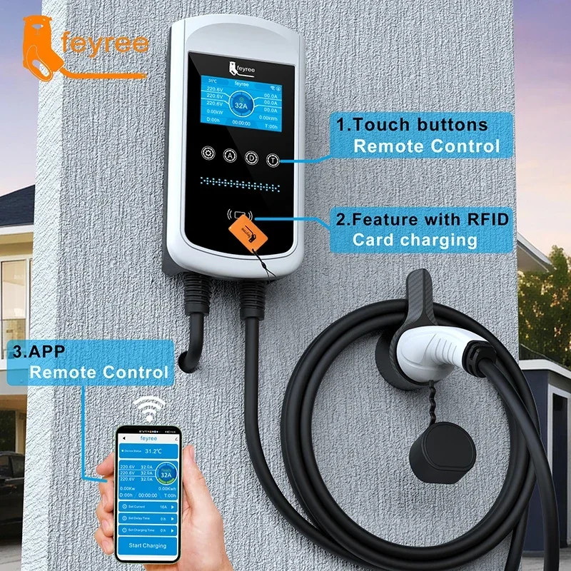 feyree Type2 EV Charger 32A 7.6KW Charging Station Car Charger 11KW 22KW 3Phase EVSE Wallbox 4.3inch Screen Smart APP Control