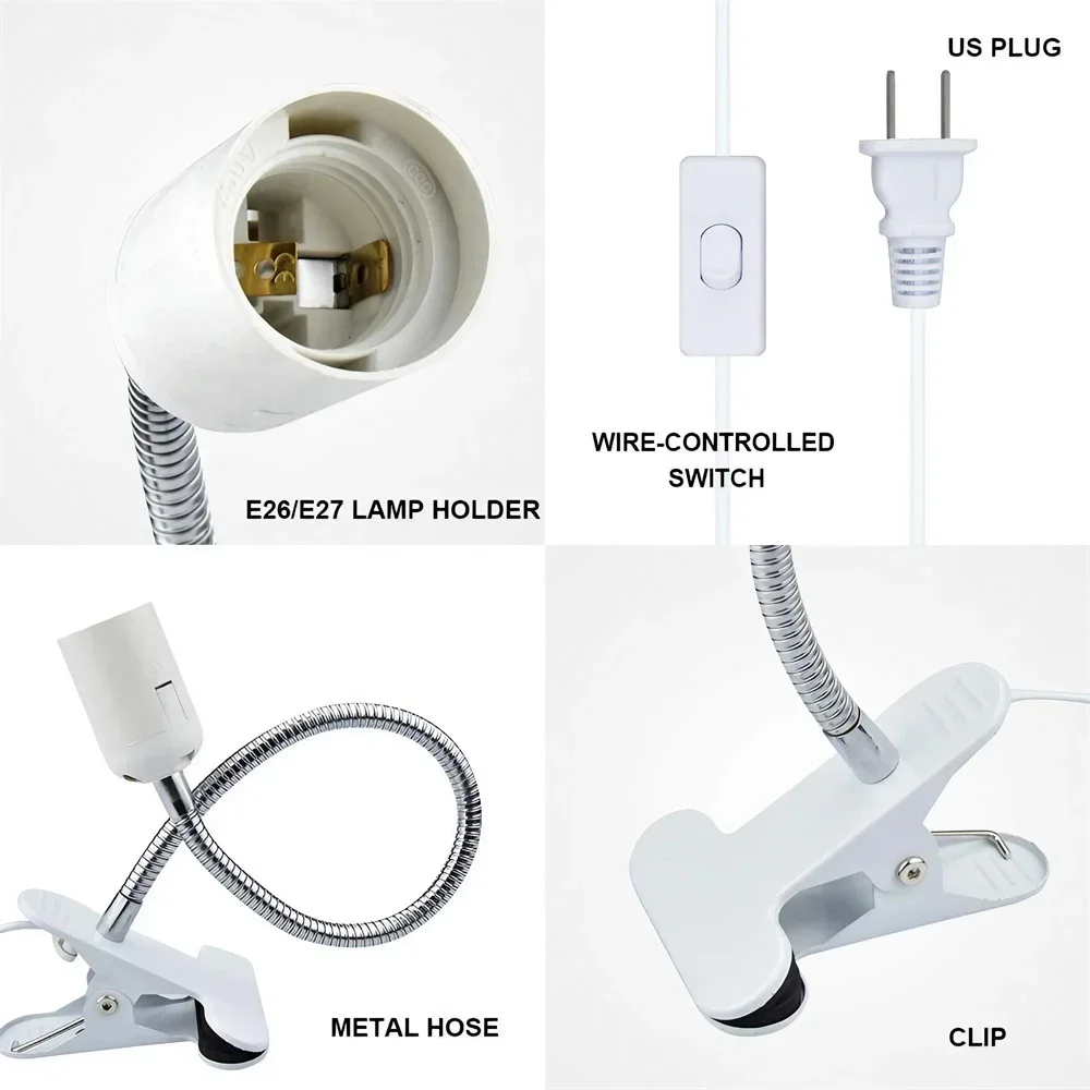 Flexível Suporte Da Lâmpada De Mesa, E27 Base De Luz, Soquete Gooseneck, Clip-on Cabo, Power On Switch para Casa, UE, EUA, UK Plug, 360 Graus