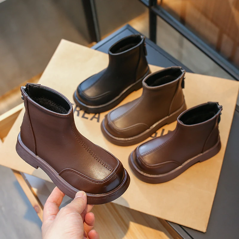 Children Fashion Boots Simple Style Girls Causal Ankle Boot Fashion Kids Short Leather Boots Back Zipper 2025 Winter New