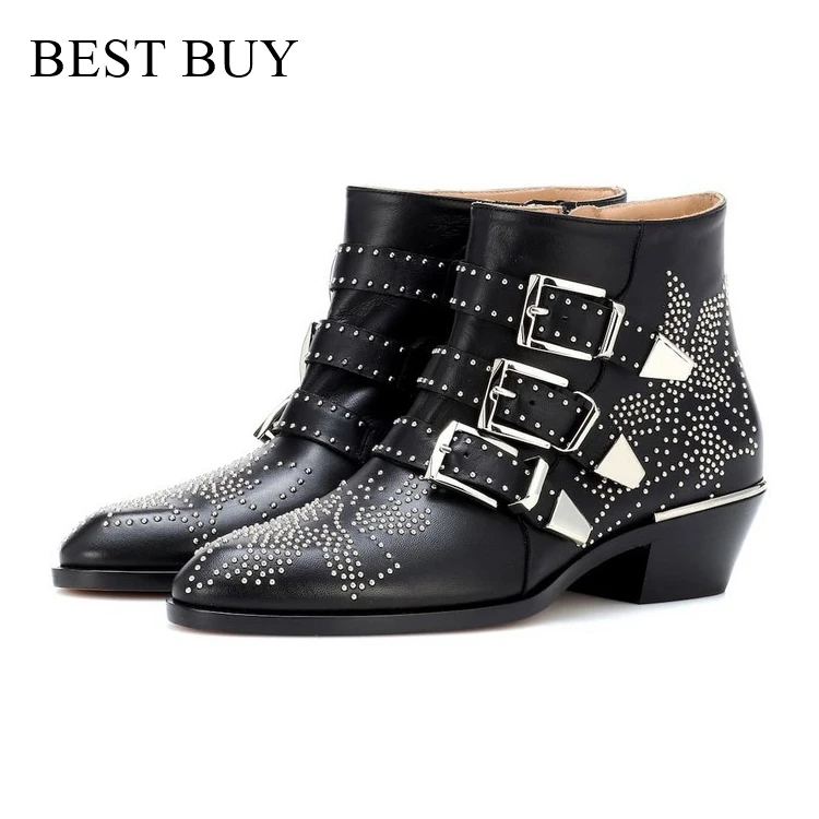 Cowgirl Boots Women Round Toe Rivet Flower Boots Susanna Studded Genuine Leather Ankle Boots Women Botines Luxury Botas Mujer